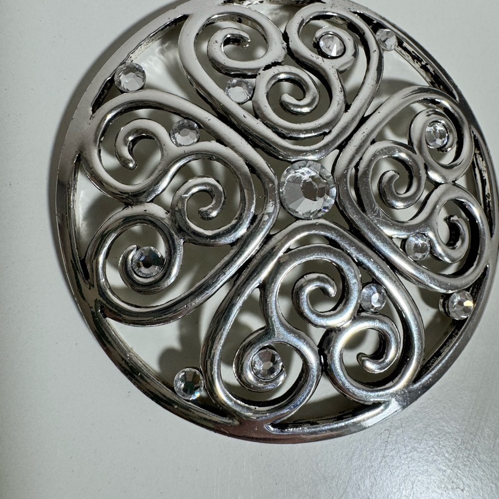 Large Silver Tone Filigree Heart Scroll Pendant Clear Rhinestone Statement 2.25"
